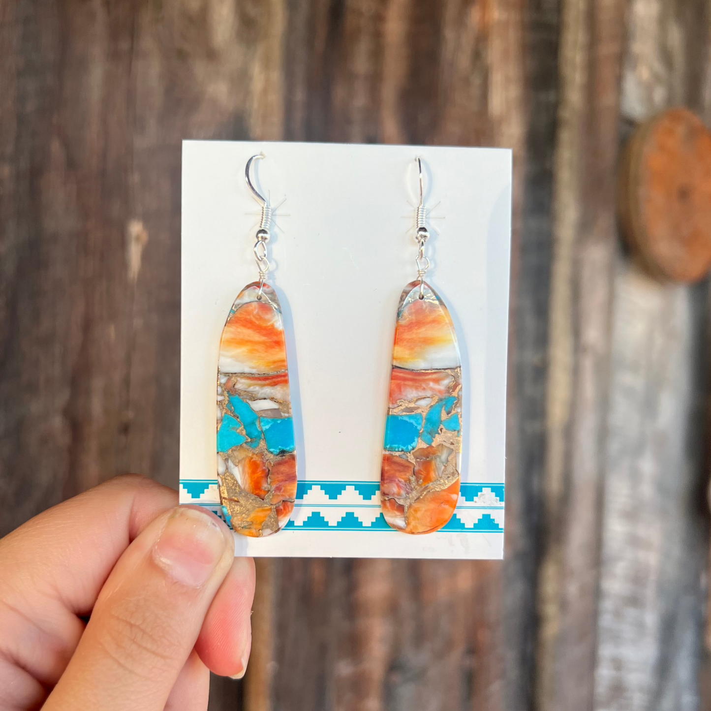 Genuine Turquoise Orange Spiny Oyster Slab Earrings