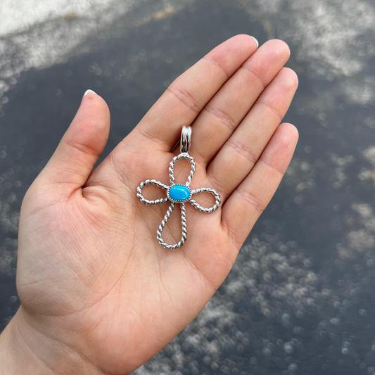 Genuine Turquoise Twisted Sterling Silver Cross Pendant