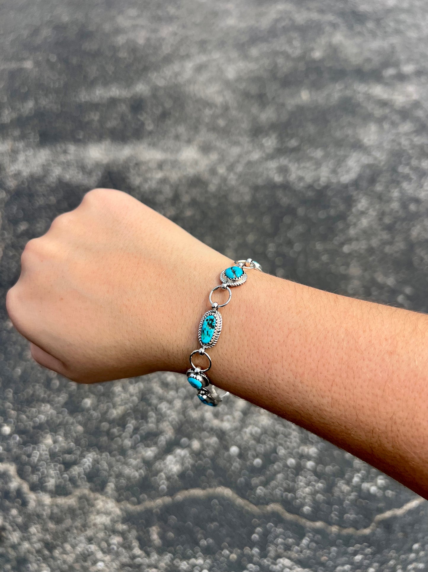 Authentic Kingman Turquoise 7 Stone Sterling Silver Link Bracelet