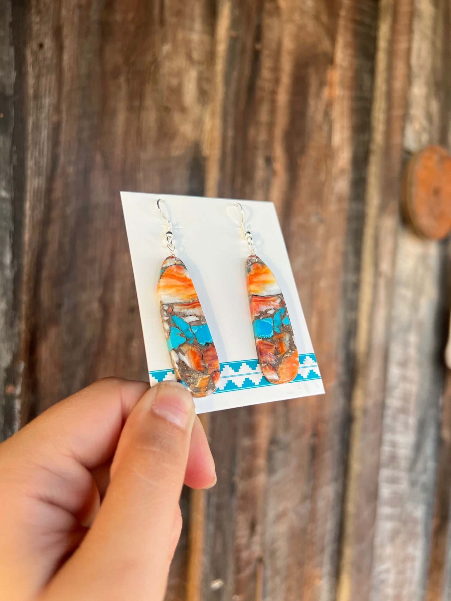 Genuine Turquoise Orange Spiny Oyster Slab Earrings