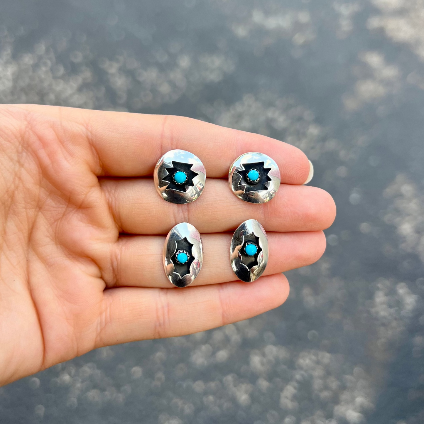 Genuine Turquoise and Sterling Silver Aztec Shadowbox Earrings