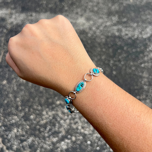 Authentic Kingman Turquoise 7 Stone Sterling Silver Link Bracelet
