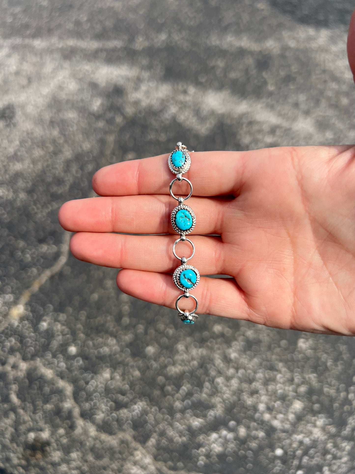 Authentic Kingman Turquoise 7 Stone Sterling Silver Link Bracelet