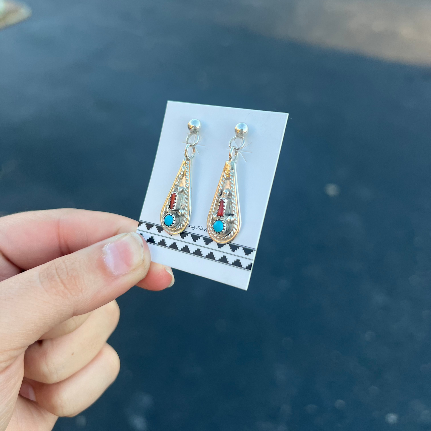 Genuine Turquoise and Coral Sterling Silver Teardrop Earrings