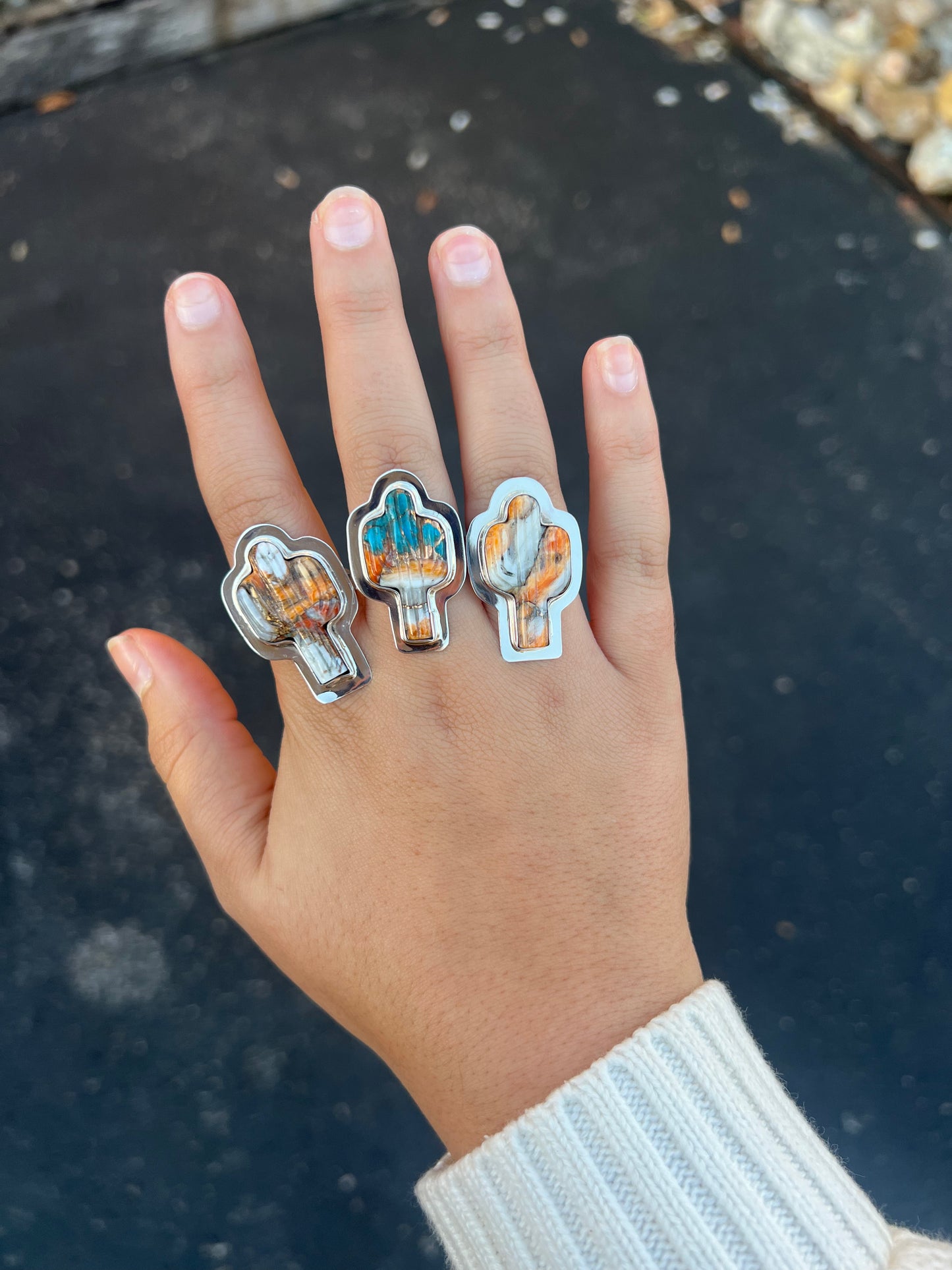 Genuine Turquoise and Orange Spiny Oyster Sterling Silver Cactus Ring