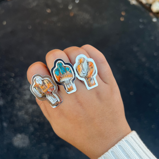 Genuine Turquoise and Orange Spiny Oyster Sterling Silver Cactus Ring