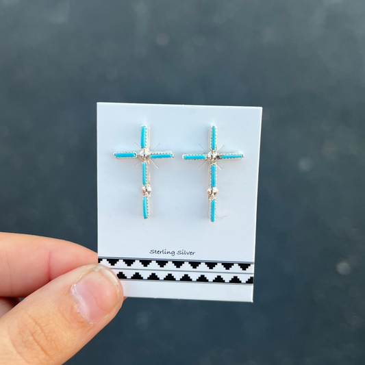 Genuine Turquoise Needlepoint Cross Sterling Silver Earrings