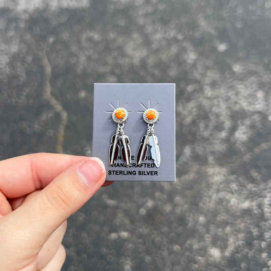 Genuine Orange Spiny Oyster Round Stud with Sterling Silver Feather Dangle Earrings