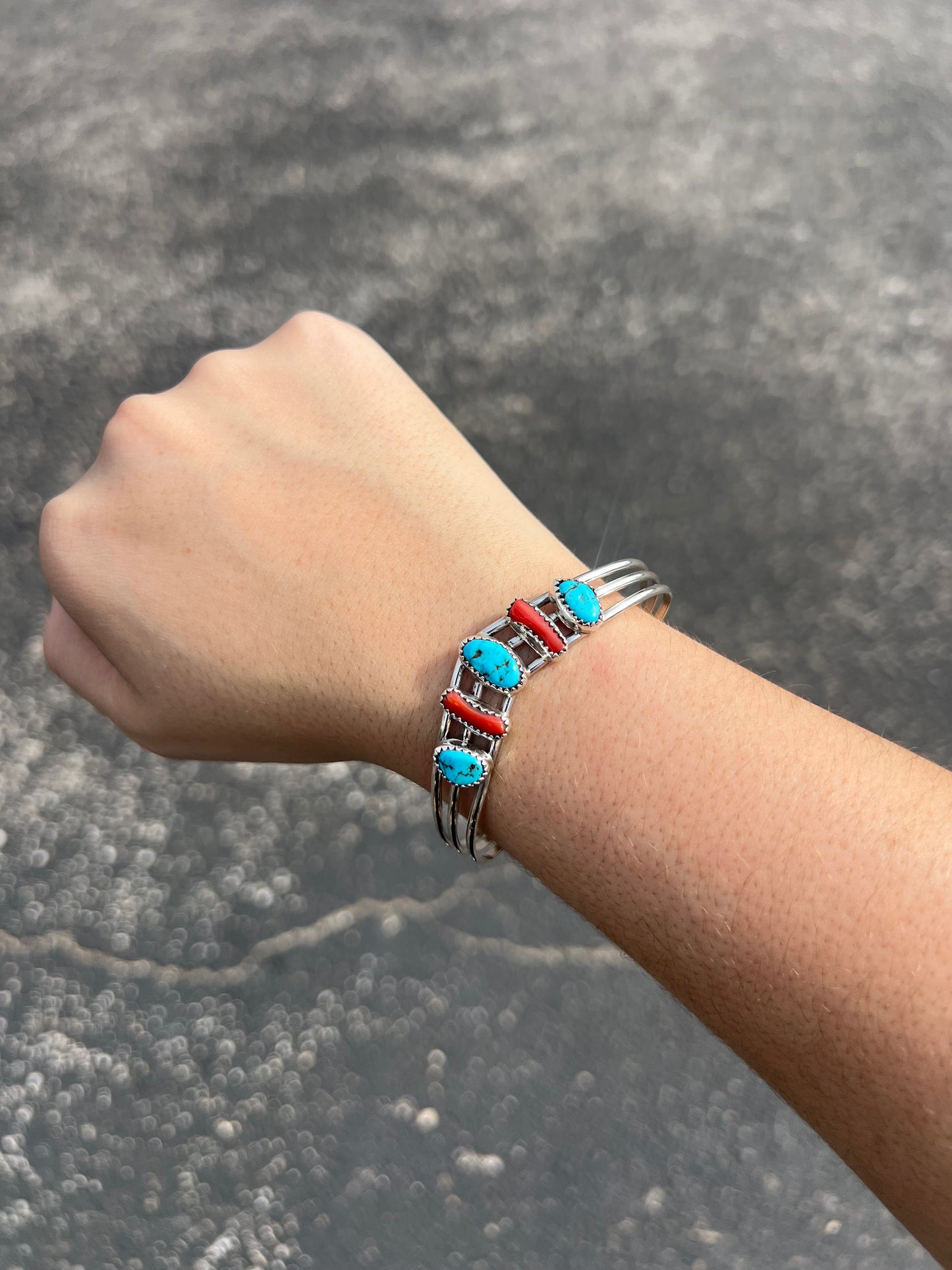 Genuine Kingman Turquoise and Coral Sterling Silver Sweater Bracelet