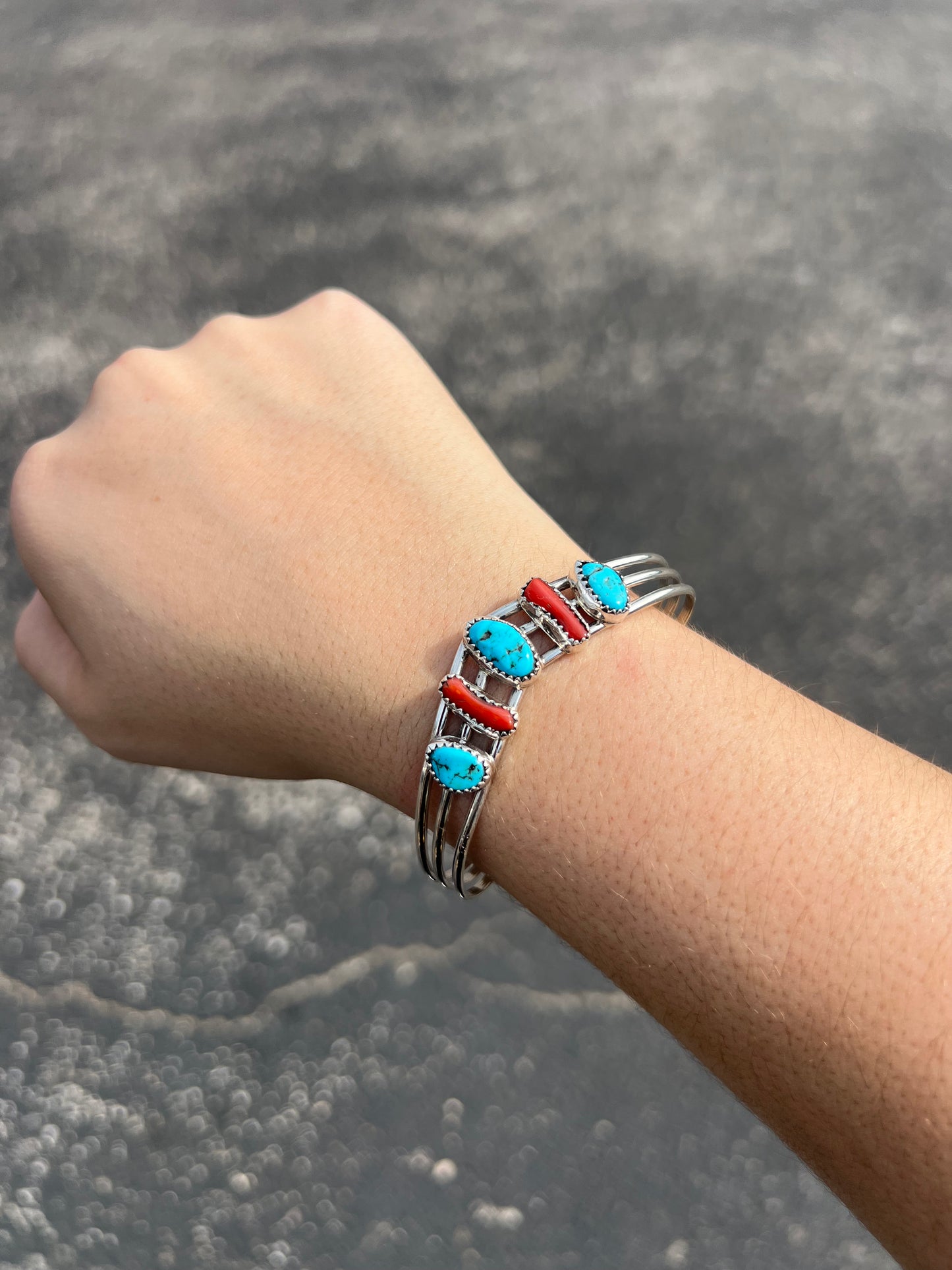 Genuine Kingman Turquoise and Coral Sterling Silver Sweater Bracelet