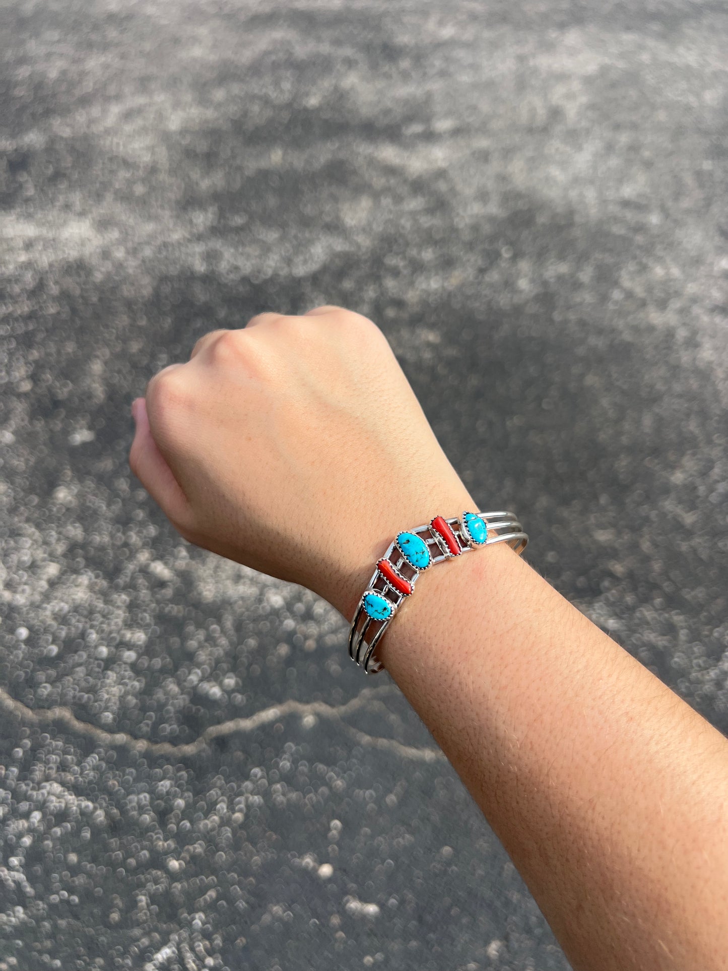 Genuine Kingman Turquoise and Coral Sterling Silver Sweater Bracelet