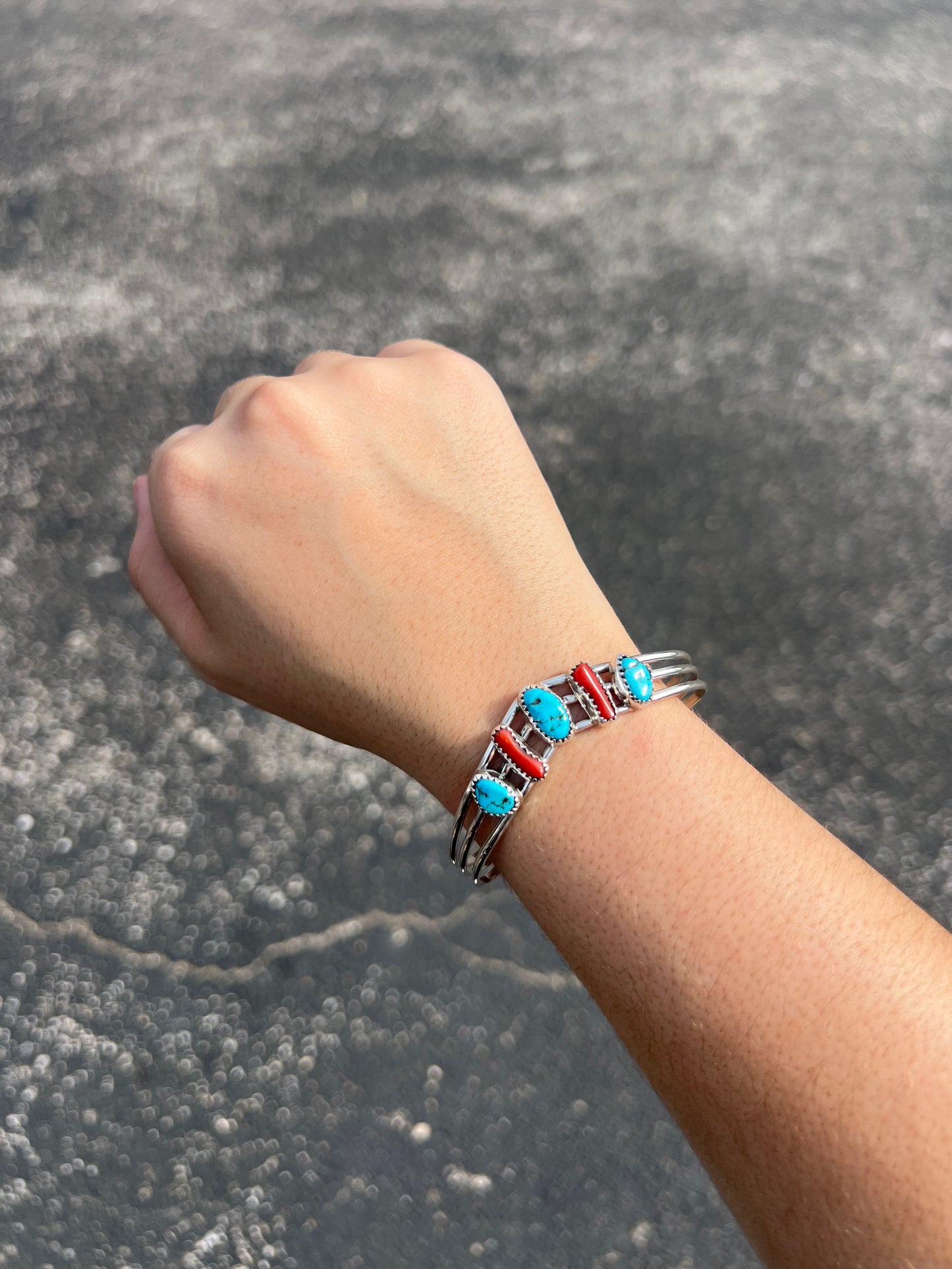 Genuine Kingman Turquoise and Coral Sterling Silver Sweater Bracelet