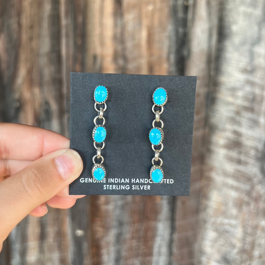 Genuine Turquoise 3 Stone Sterling Silver Dangle Earrings