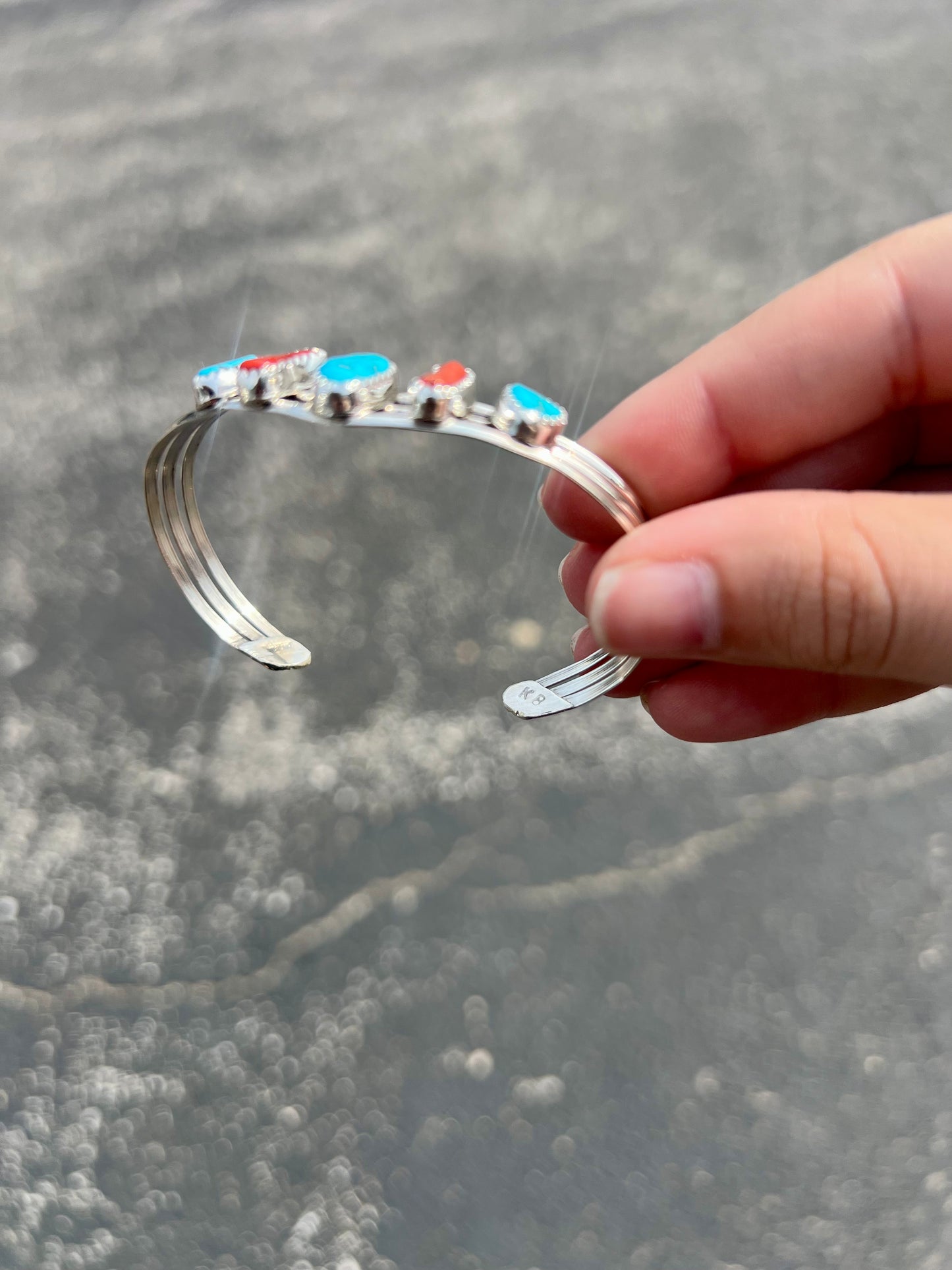 Genuine Kingman Turquoise and Coral Sterling Silver Sweater Bracelet