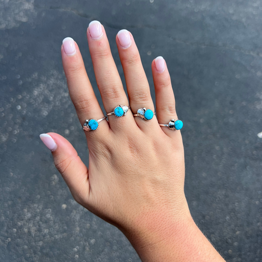 Round Genuine Turquoise Stone & Leaf Sterling Silver Ring