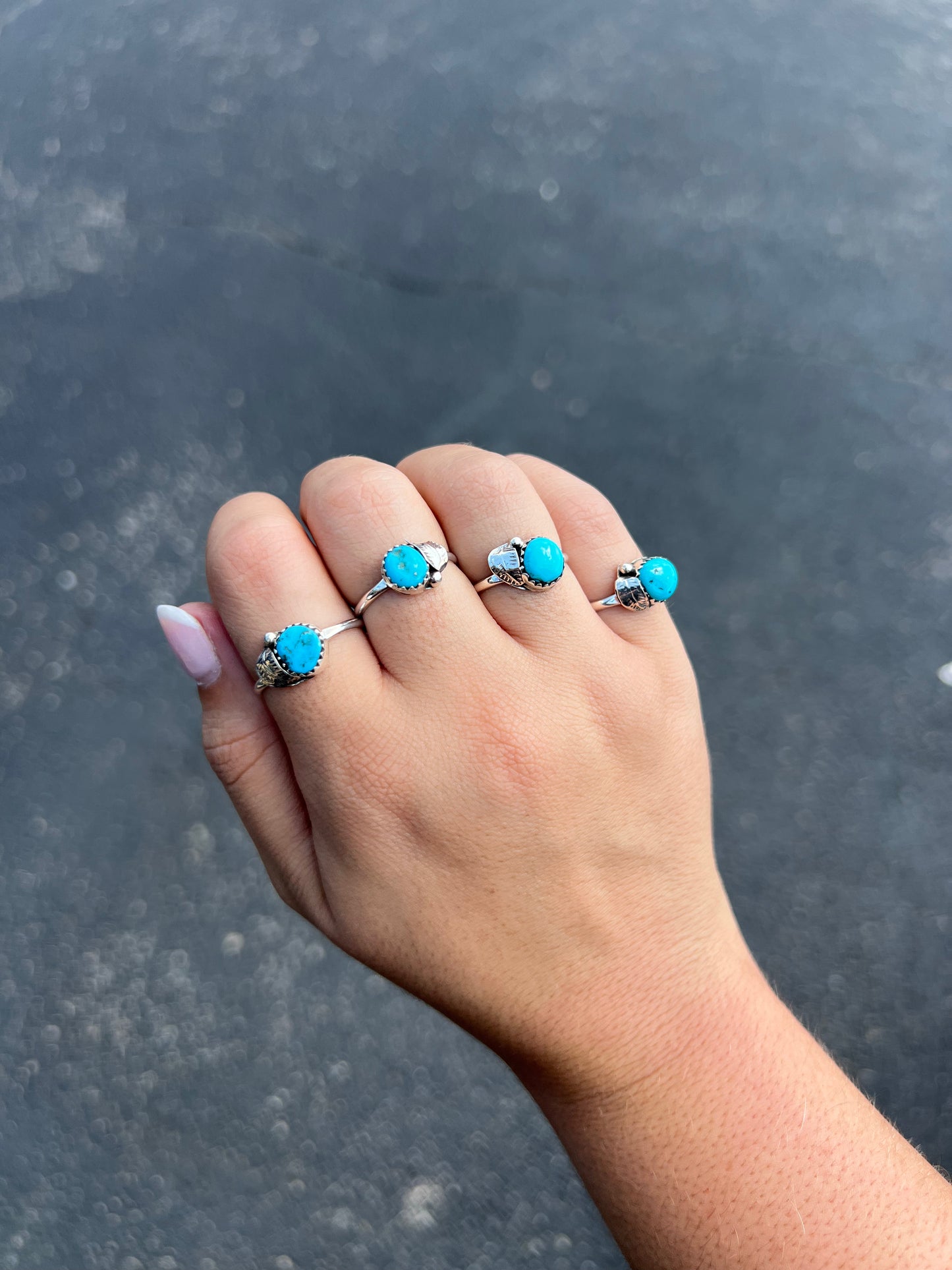 Round Genuine Turquoise Stone & Leaf Sterling Silver Ring
