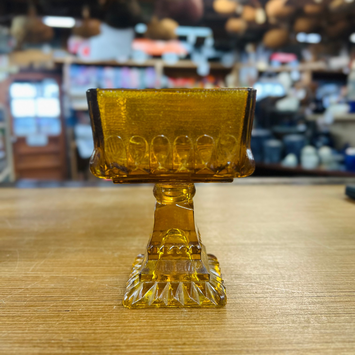 Vintage Amber Square Dish on Pedestal