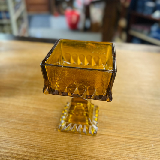 Vintage Amber Square Dish on Pedestal