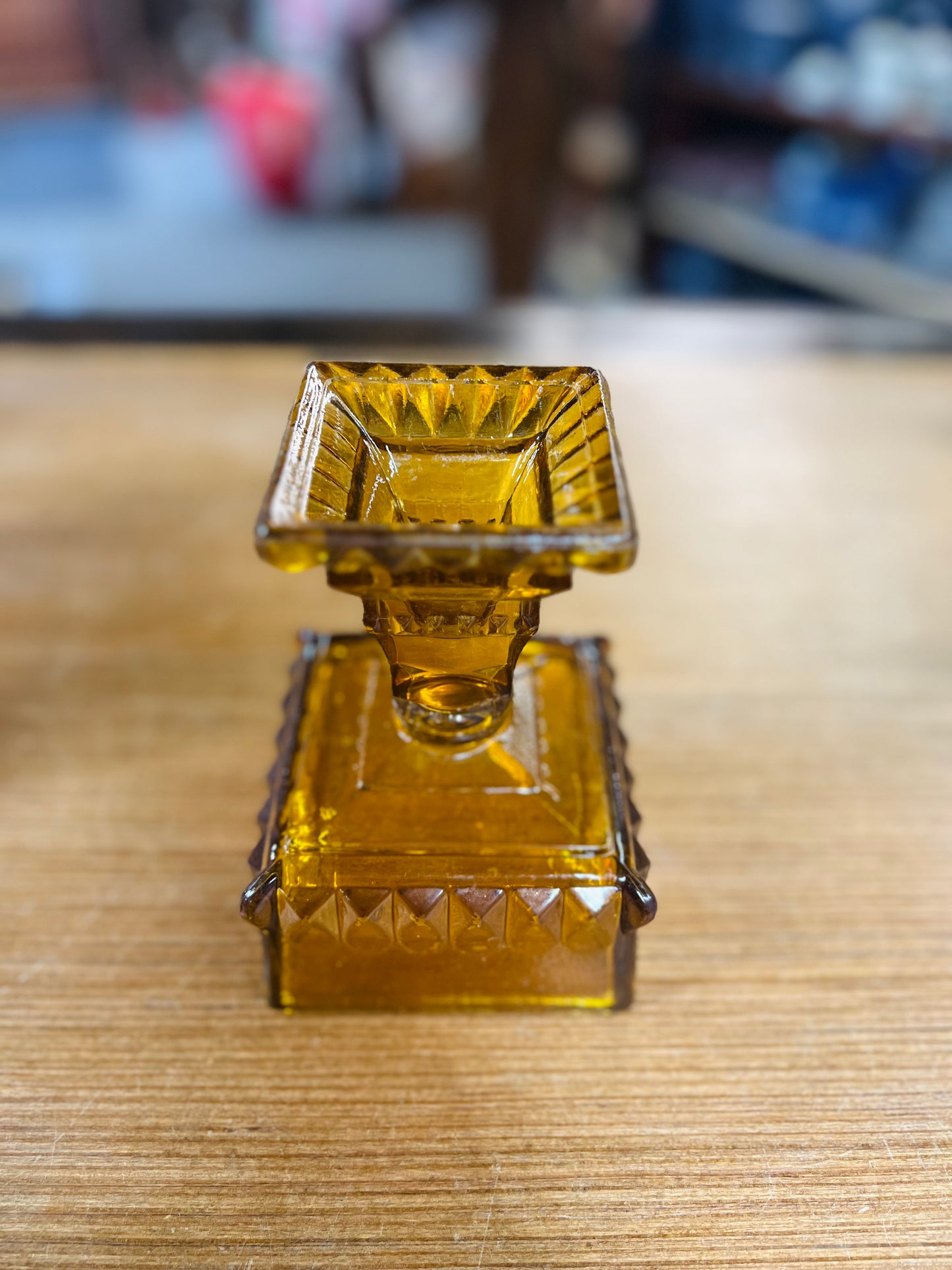 Vintage Amber Square Dish on Pedestal