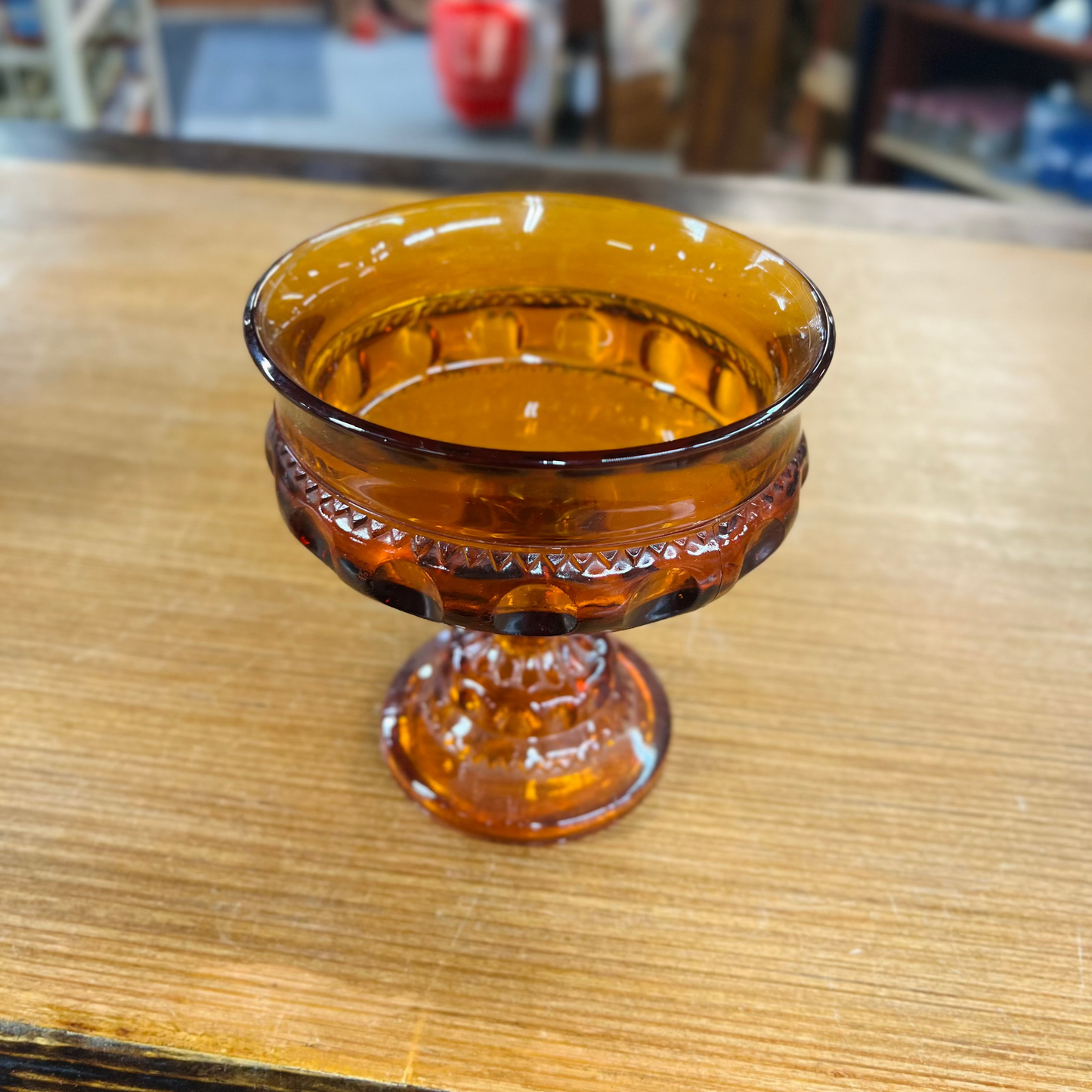 Vintage Indiana Glass Amber Kings Crown Thumbprint Pedestal Candy Dish