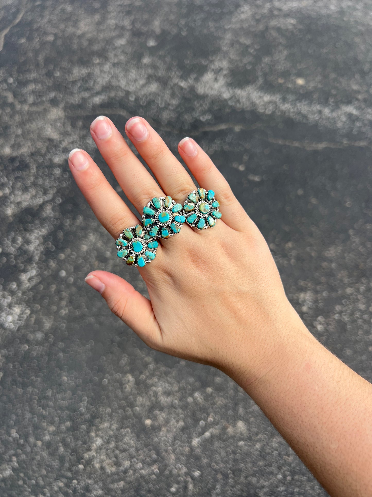 Genuine Green and Blue Turquoise 10 Stone Sterling Silver Cluster Ring