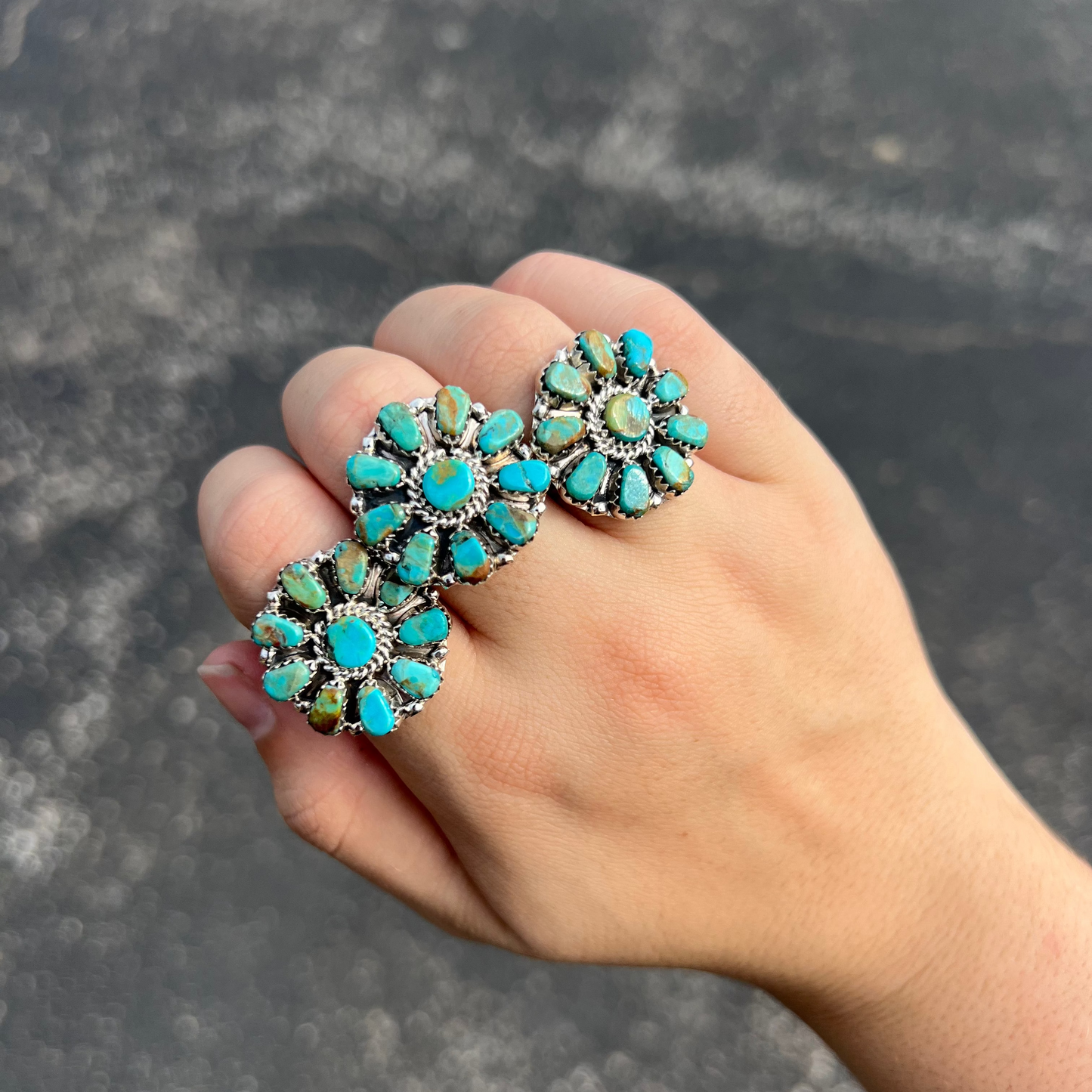 Genuine Green and Blue Turquoise 10 Stone Sterling Silver Cluster Ring