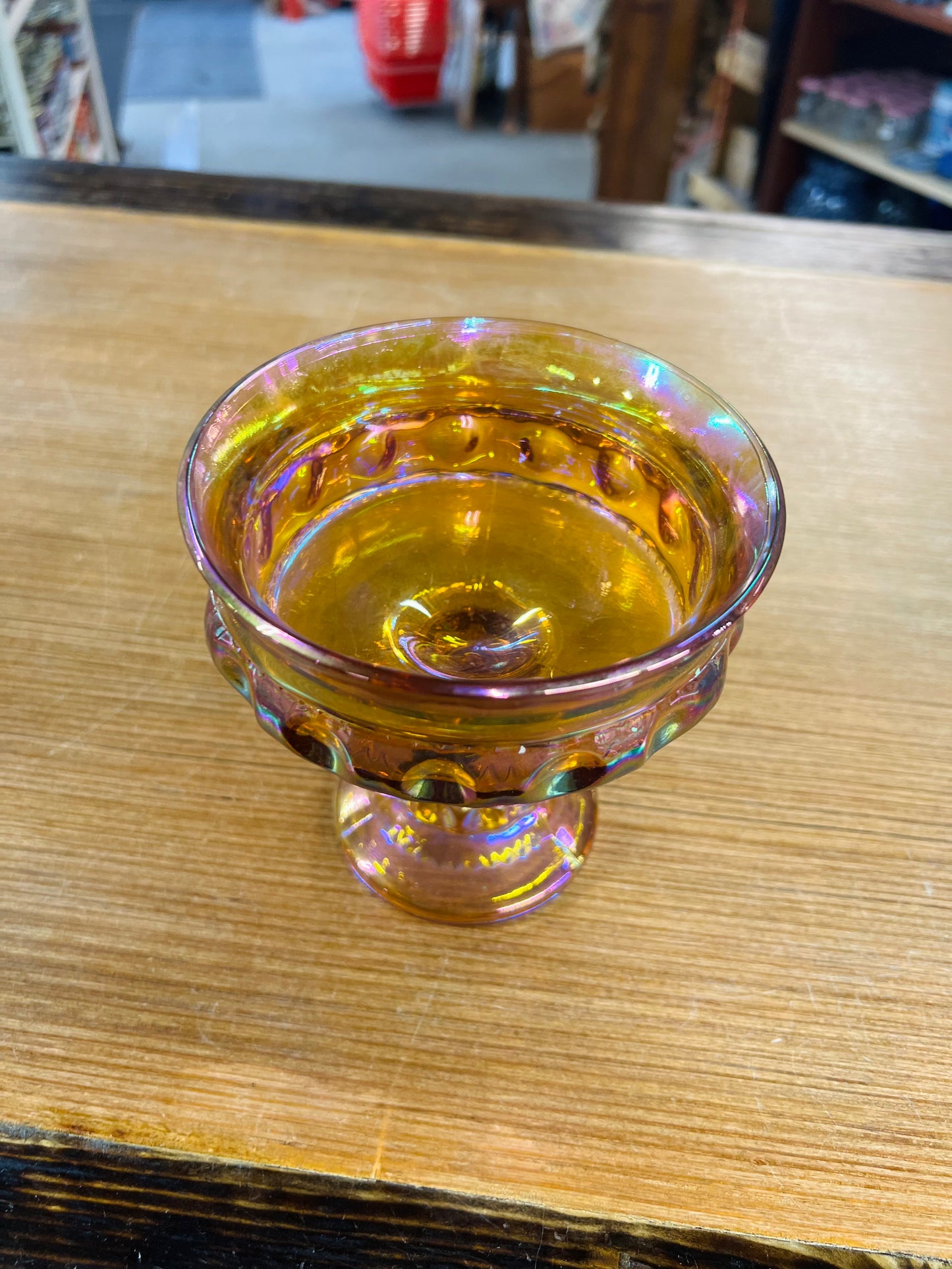 Vintage Indiana Glass Carnival Glass Kings Crown Thumbprint Pedestal Candy Dish