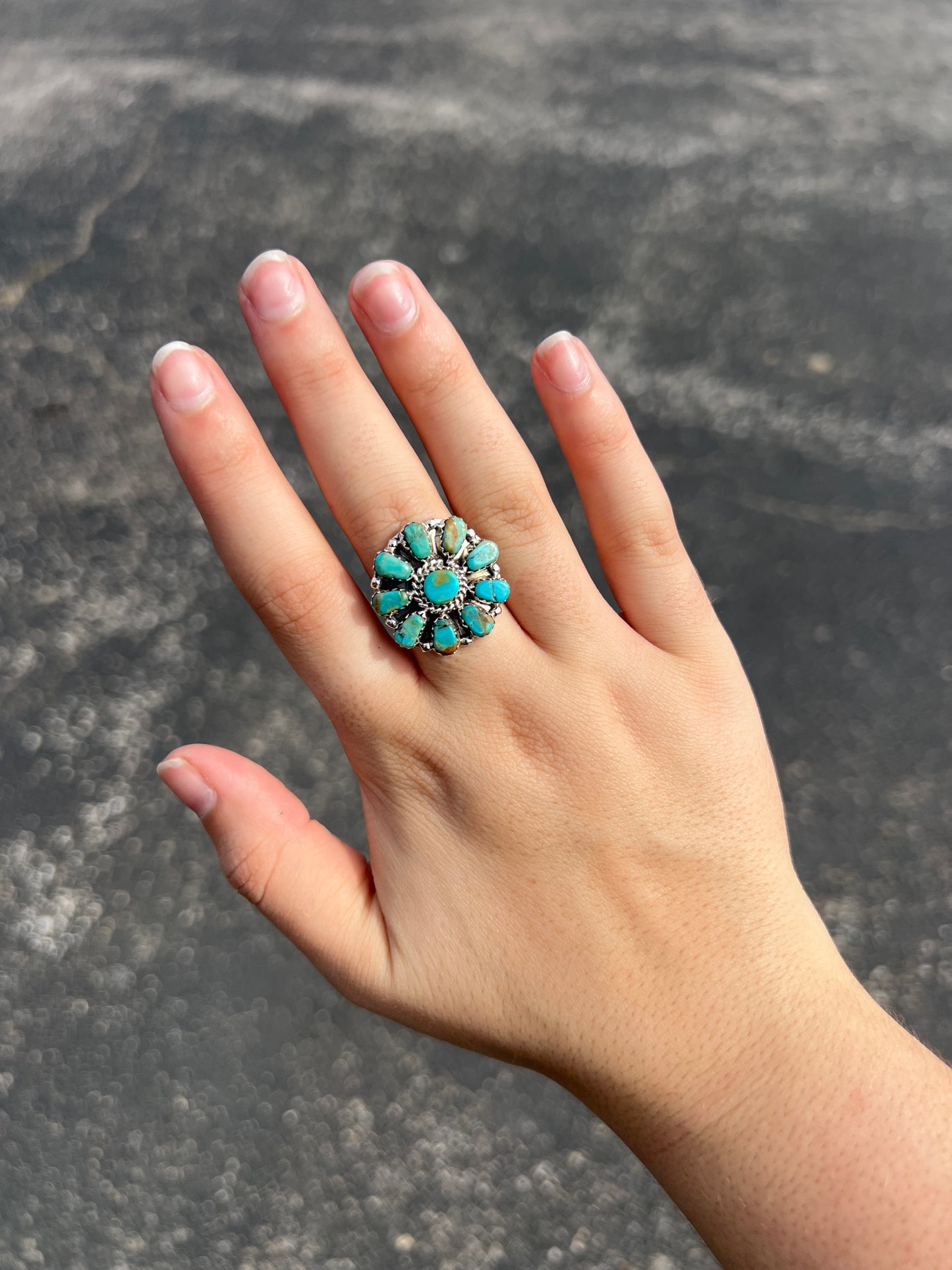 Genuine Green and Blue Turquoise 10 Stone Sterling Silver Cluster Ring