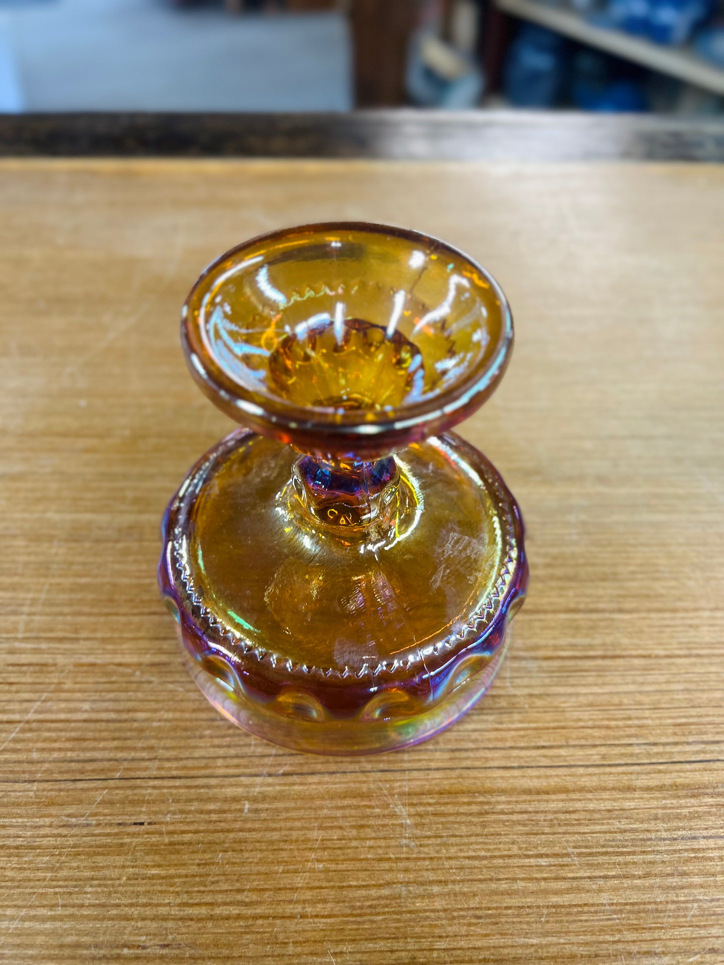 Vintage Indiana Glass Carnival Glass Kings Crown Thumbprint Pedestal Candy Dish