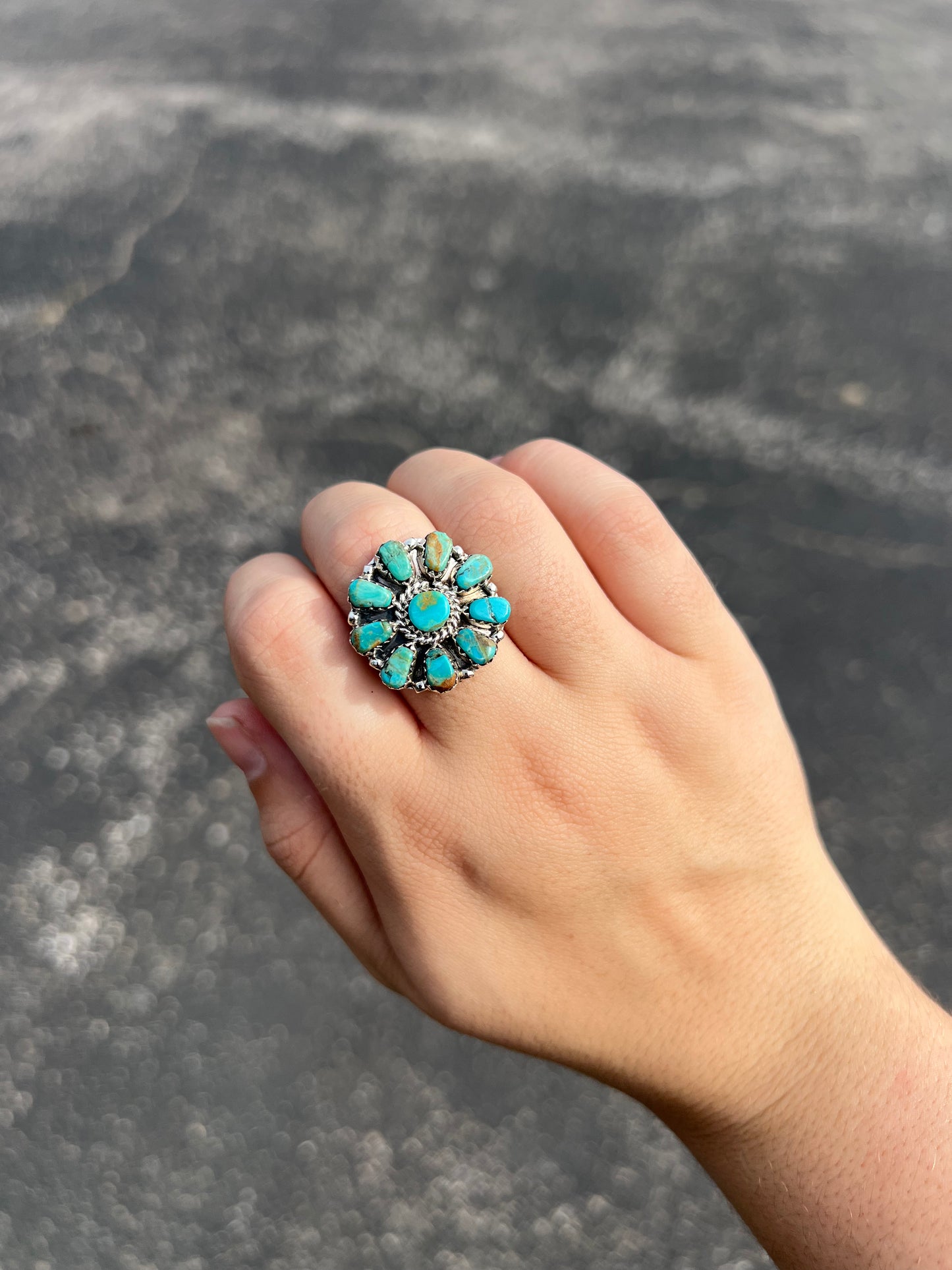 Genuine Green and Blue Turquoise 10 Stone Sterling Silver Cluster Ring