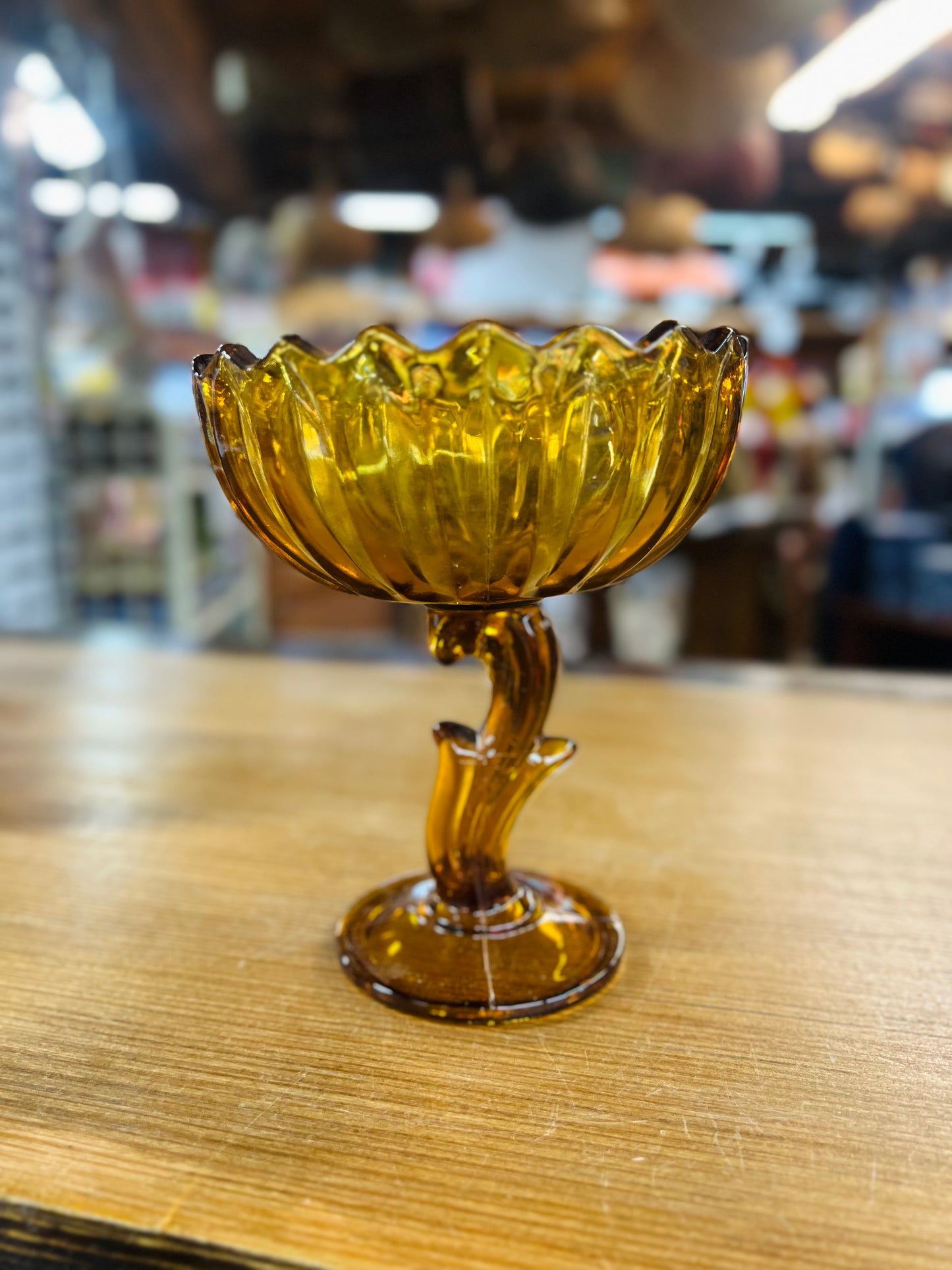 Vintage Indiana Glass Amber 1960s Pedestal Bowl Lotus Flower
