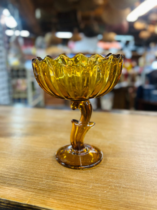 Vintage Indiana Glass Amber 1960s Pedestal Bowl Lotus Flower