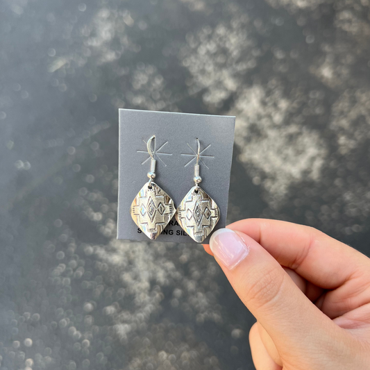 Sterling Silver Stamped Diamond Shape Dangle Earrings