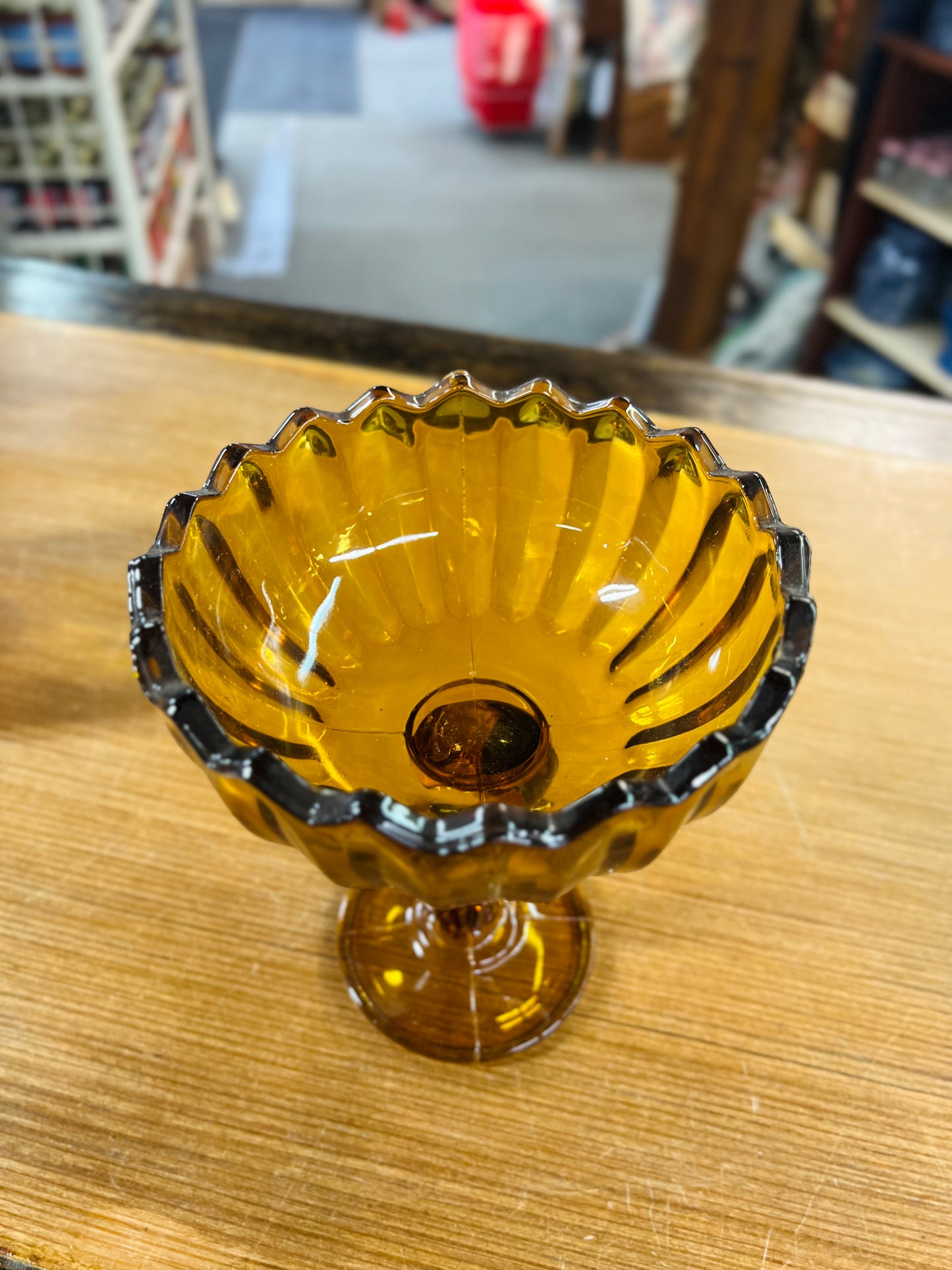 Vintage Indiana Glass Amber 1960s Pedestal Bowl Lotus Flower
