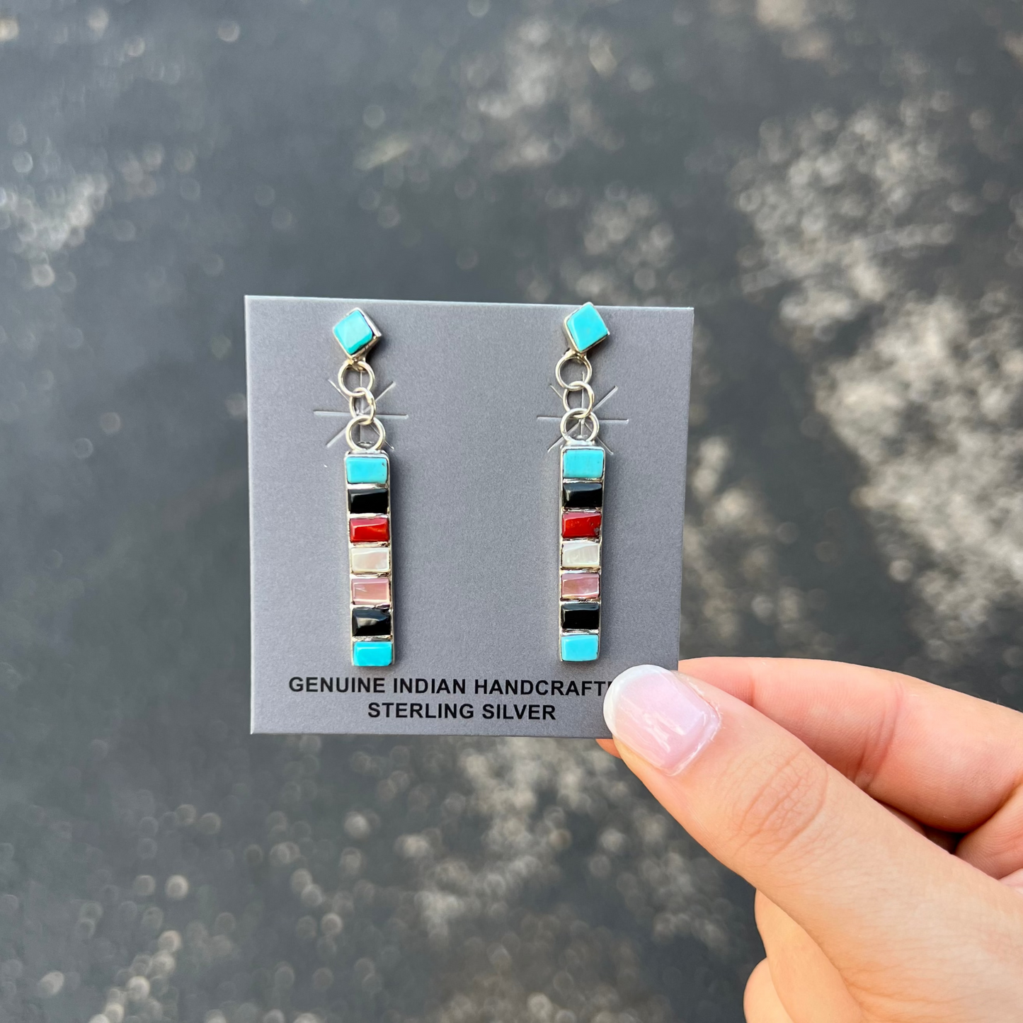 8 Multi Stone Inlay Dangle Sterling Silver Earrings