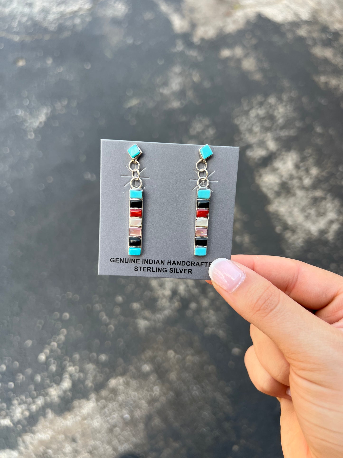 8 Multi Stone Inlay Dangle Sterling Silver Earrings