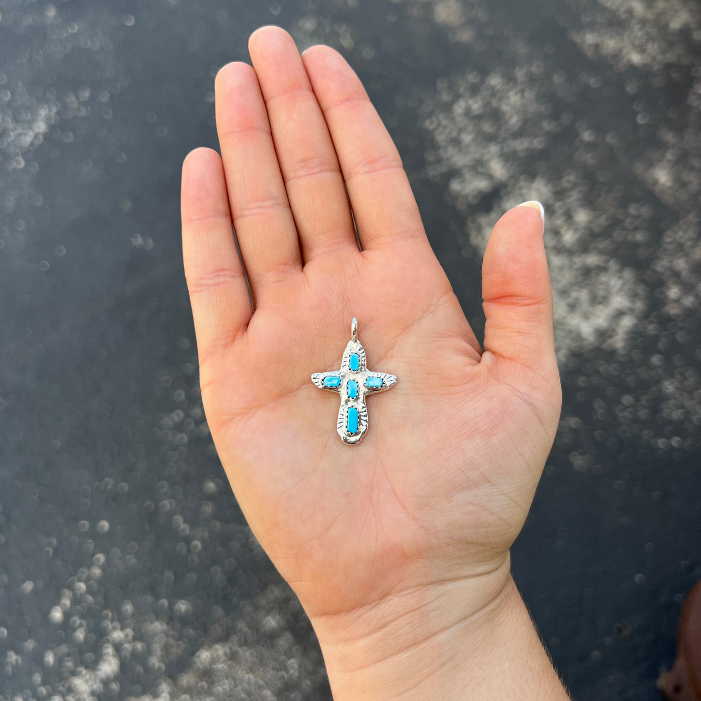 5 Stone Genuine Turquoise Sterling Silver Sand Cast Pendant