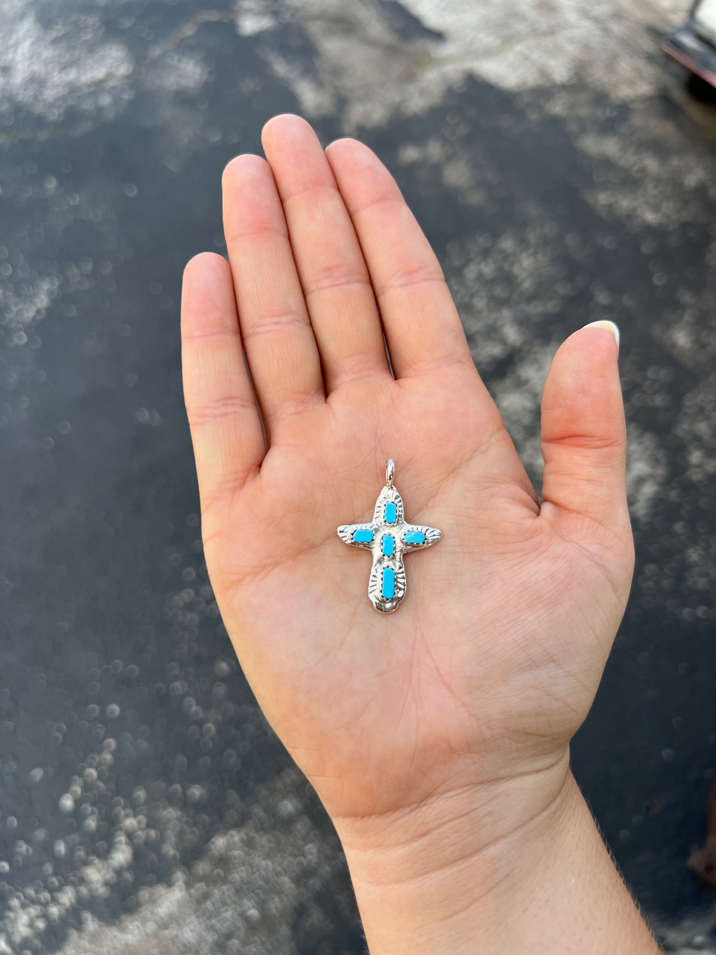 5 Stone Genuine Turquoise Sterling Silver Sand Cast Pendant