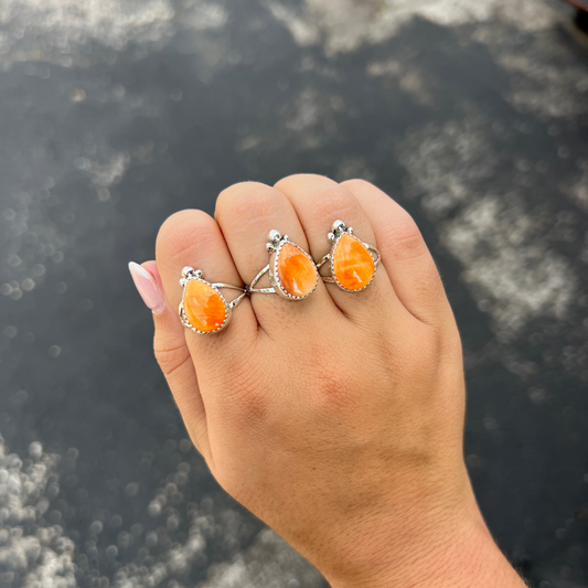 Genuine Orange Spiny Oyster Teardrop Sterling Silver Ring