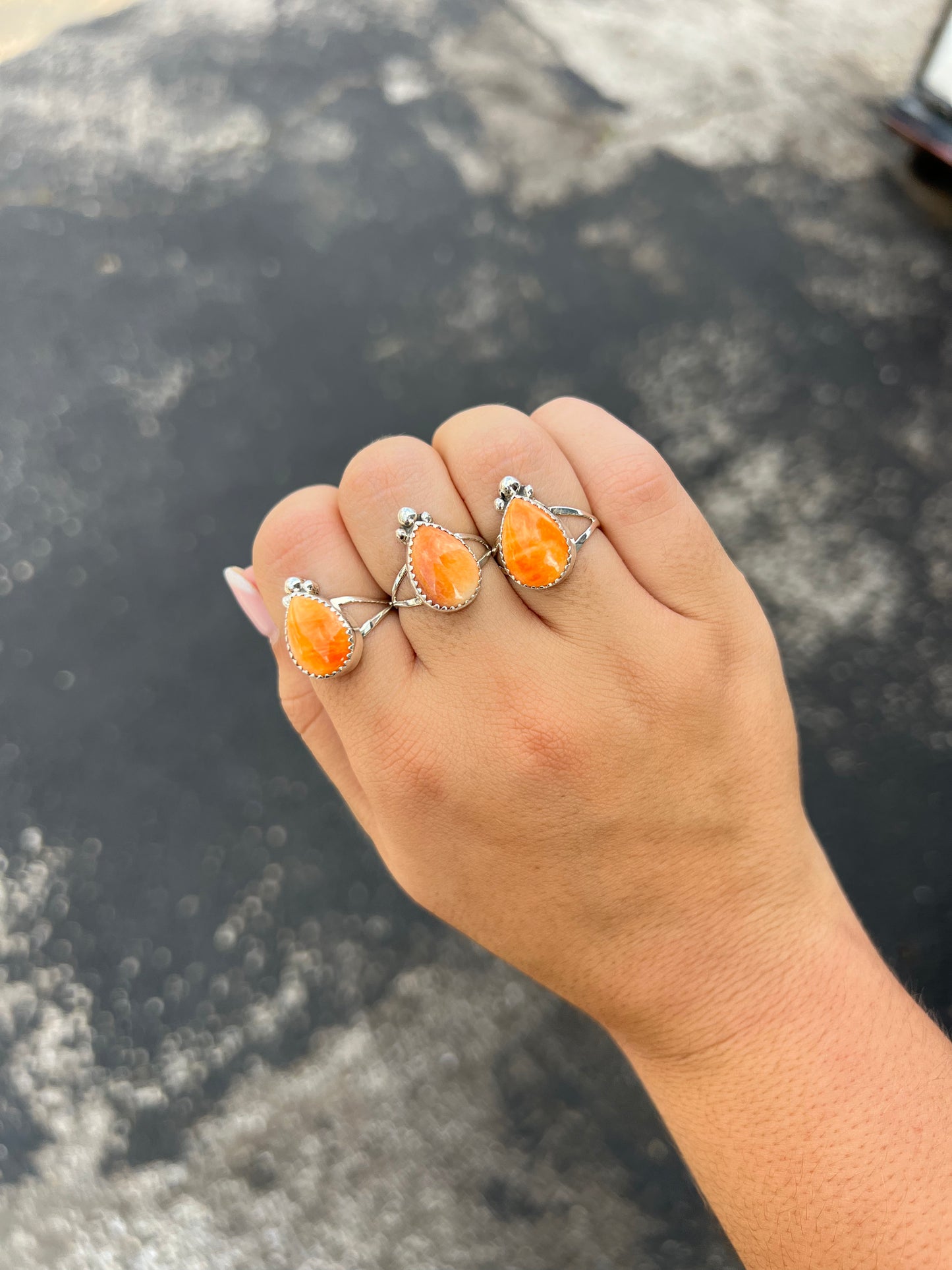 Genuine Orange Spiny Oyster Teardrop Sterling Silver Ring
