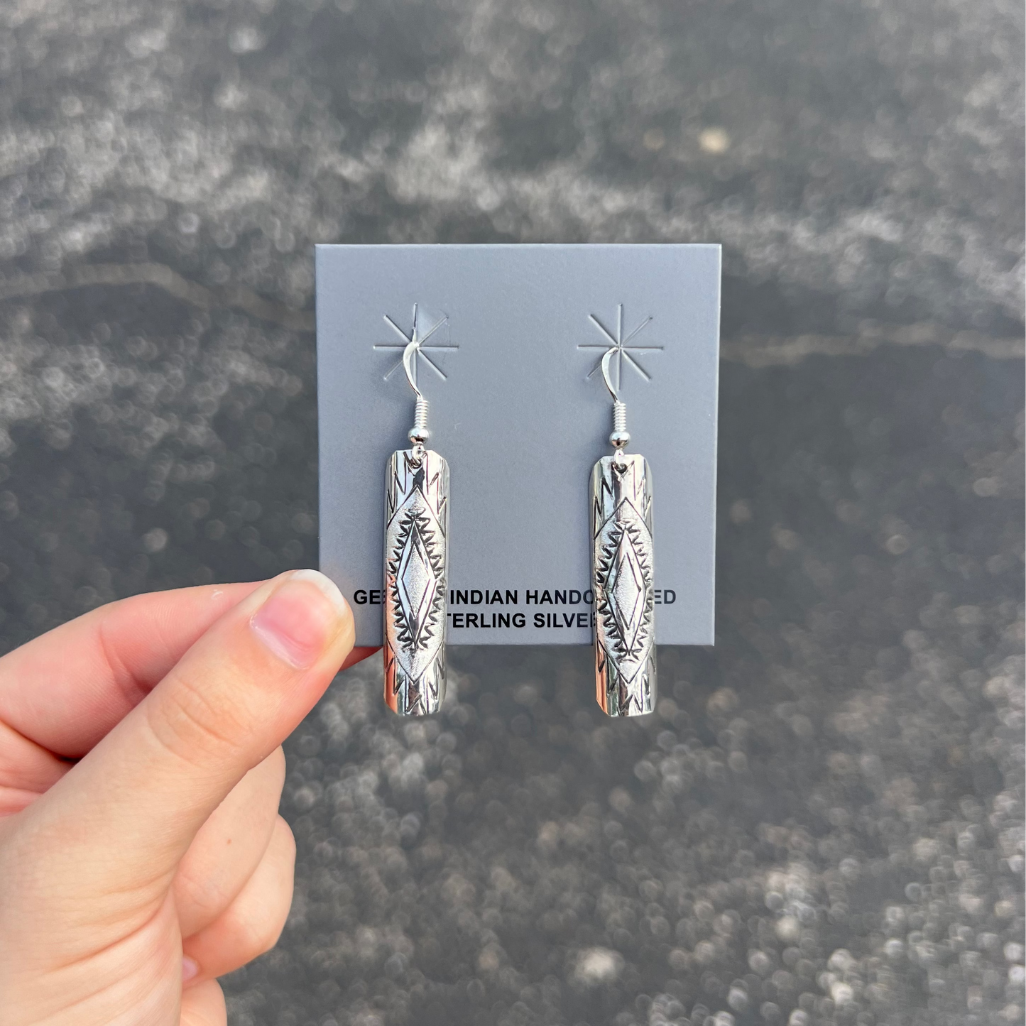 Aztec Stamped Sterling Silver Long Dangle Earrings
