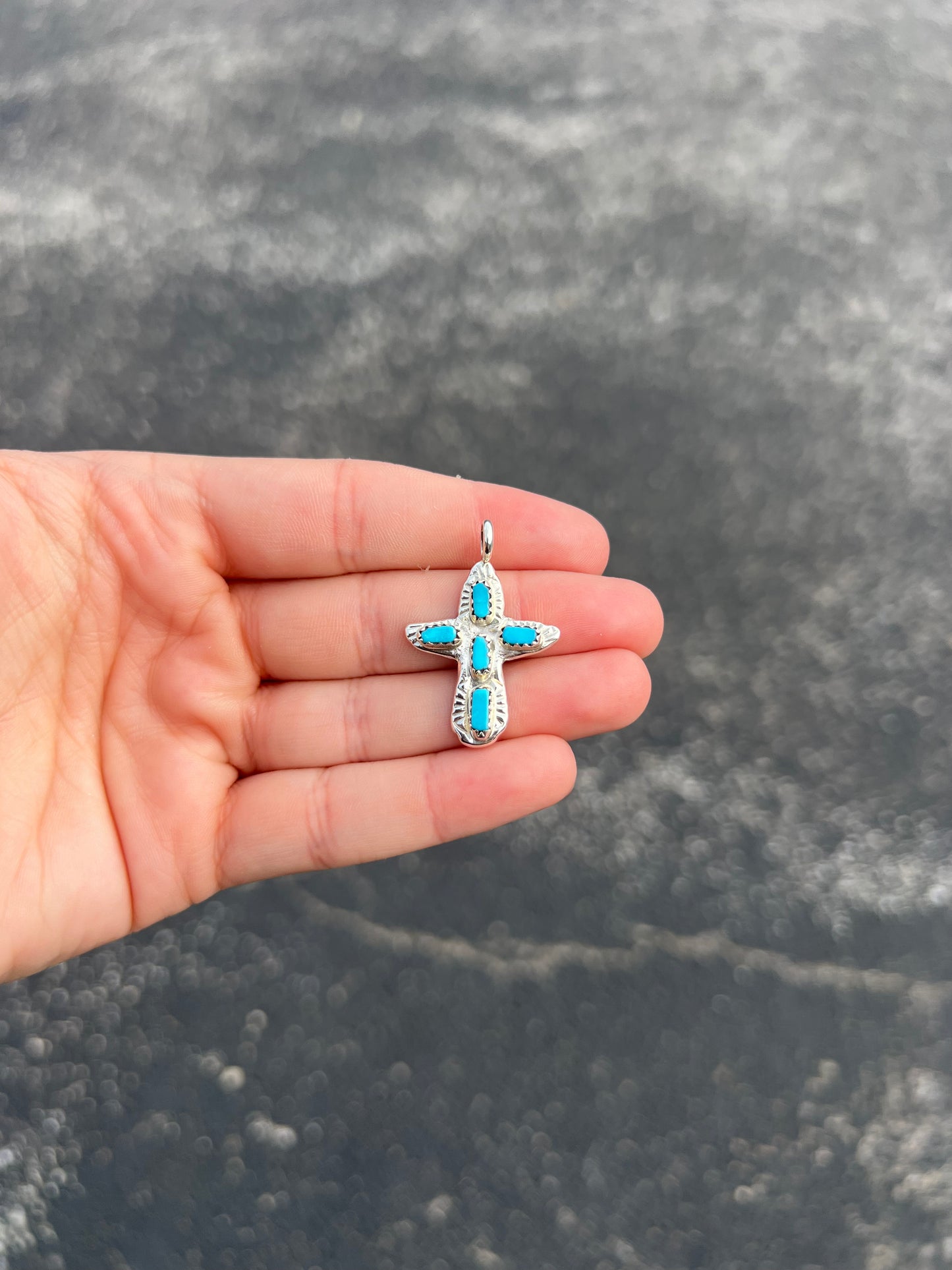 5 Stone Genuine Turquoise Sterling Silver Sand Cast Cross Pendant