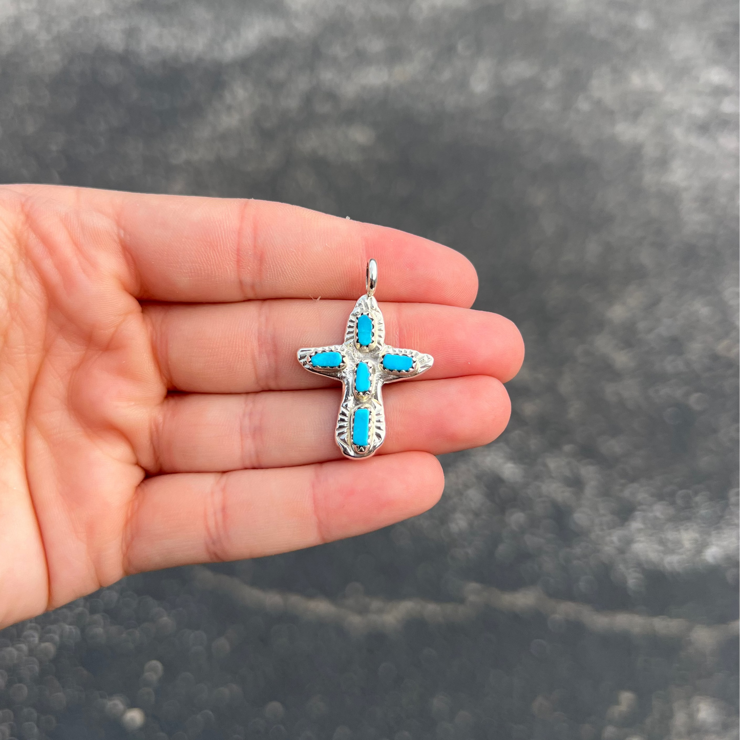 5 Stone Genuine Turquoise Sterling Silver Sand Cast Cross Pendant