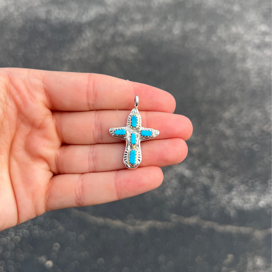 5 Stone Genuine Turquoise Sterling Silver Sand Cast Cross Pendant
