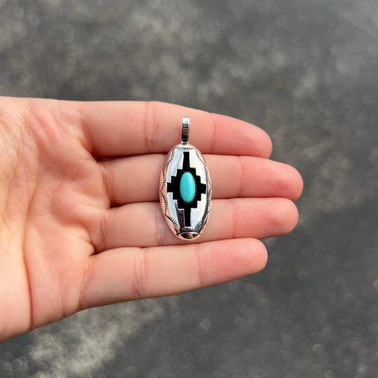 Large Oval Shadowbox Turquoise Aztec Pendant