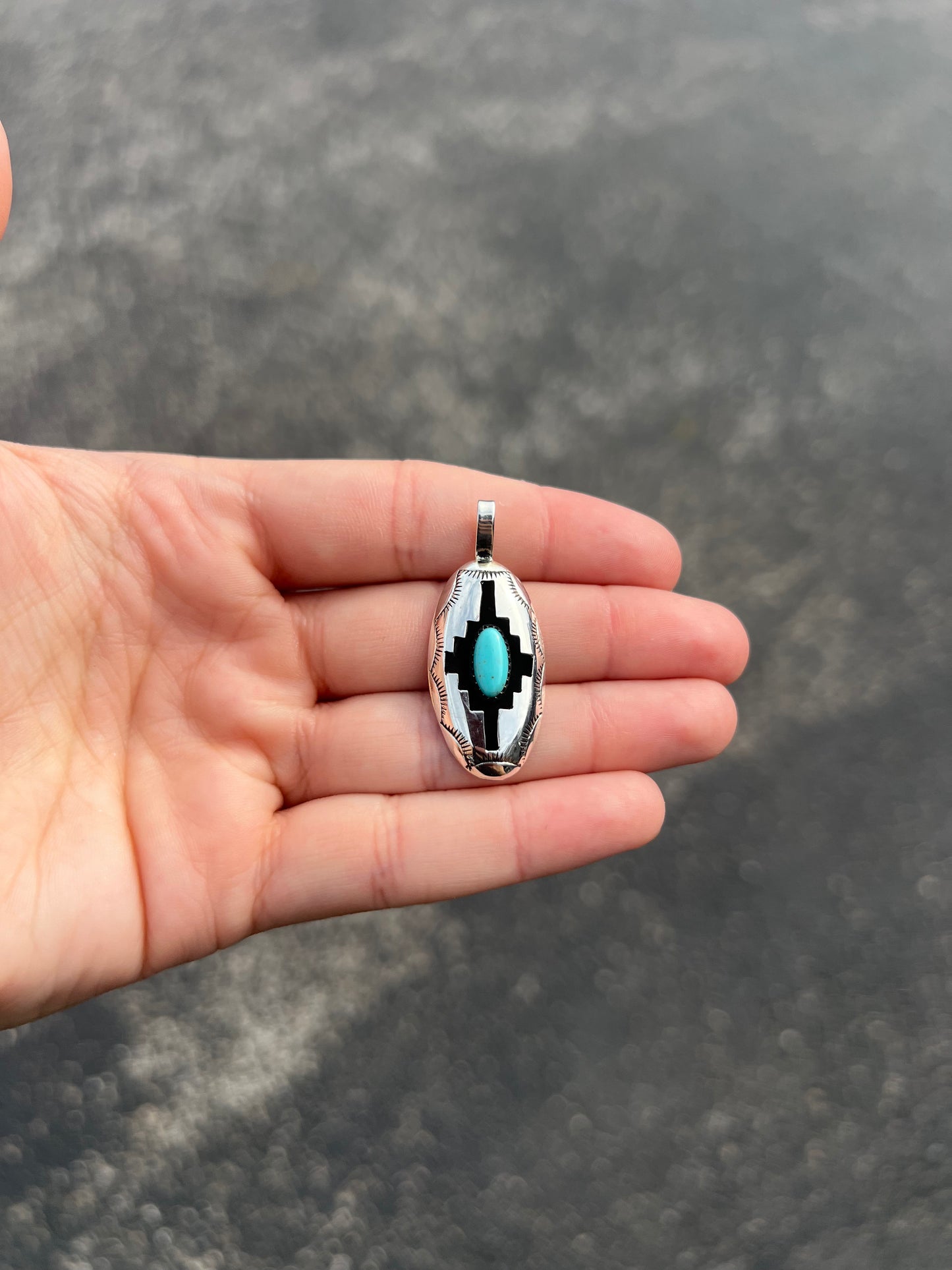 Large Oval Shadowbox Turquoise Aztec Pendant