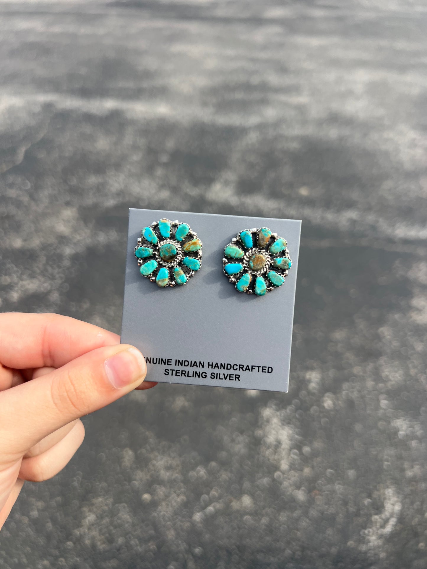 Genuine Green and Blue Kingman Turquoise 10 Stone Sterling Silver Cluster Earrings