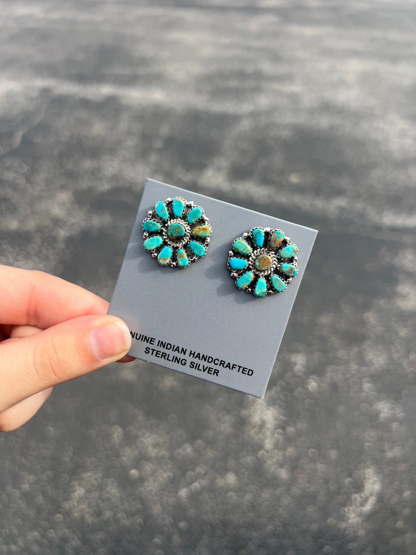 Genuine Green and Blue Kingman Turquoise 10 Stone Sterling Silver Cluster Earrings