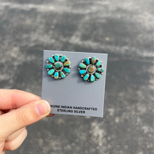 Genuine Green and Blue Kingman Turquoise 10 Stone Sterling Silver Cluster Earrings