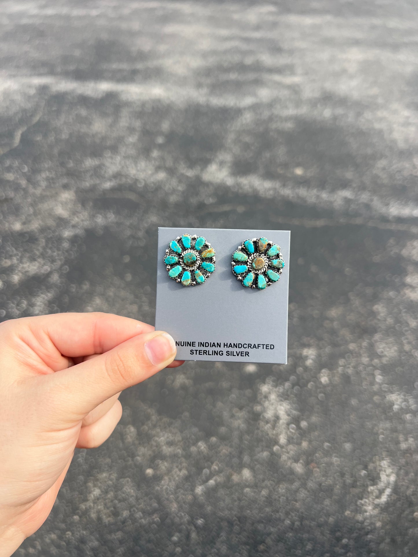 Genuine Green and Blue Kingman Turquoise 10 Stone Sterling Silver Cluster Earrings